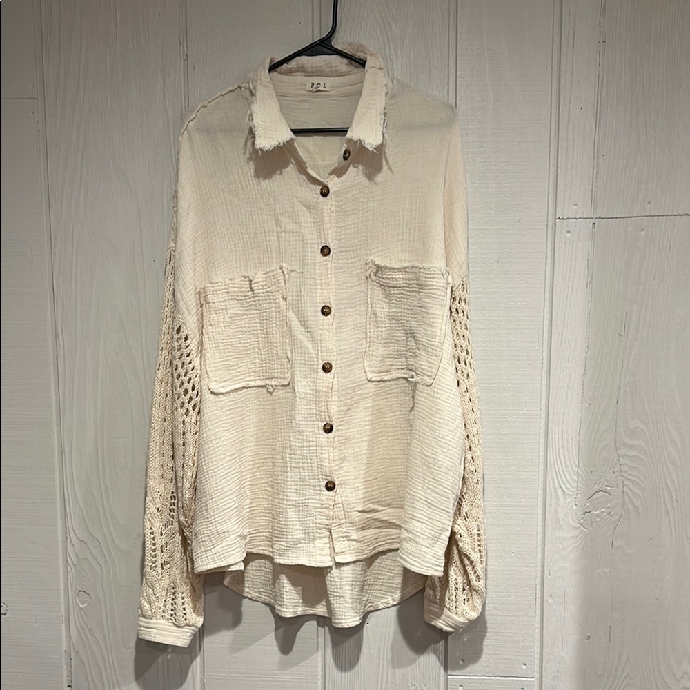 POL Cream Button-Down Shirt with Crochet Sleeves